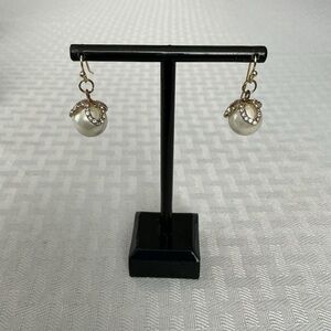 Faux Pearl and Rhinestone Gold Tone Drop Earrings